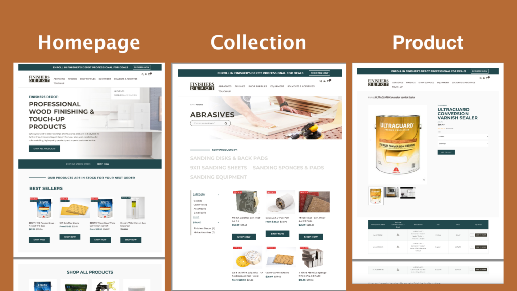 Designs of the new Finishers Depot website branding for their platform migration from OSCommerce to Shopify.