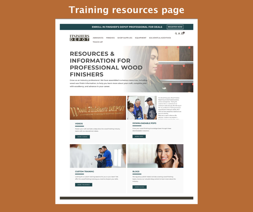 Training resources page for the new Finishers Depot site