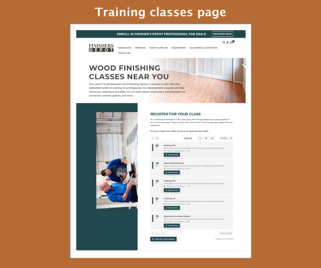 Training classes page with the new designs for Finishers Depot. For their platform migration from OSCommerce to Shopify.